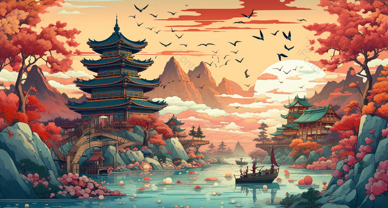 晚霞朝阳暖色渔民阁楼建筑亭子中国风国潮风插画,插画/手绘图,插画/手绘图库,插画/手绘图下载,插画/手绘